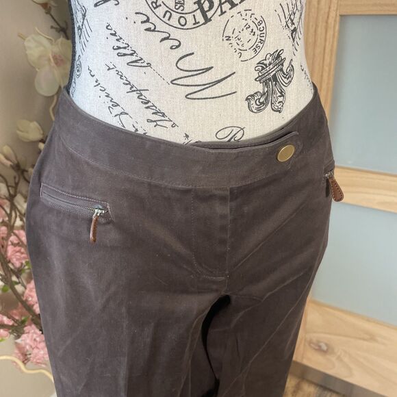 Talbots Pants Women 4 Petites Brown Stretch Faux Leather Trim Slacks Crop - Picture 2 of 6